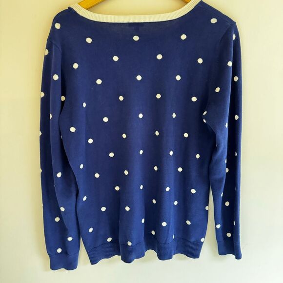 Talbots Womens Large Crew Neck Sweater Blue White Polka Dot 100% Cotton‎ Preppy - Picture 2 of 6
